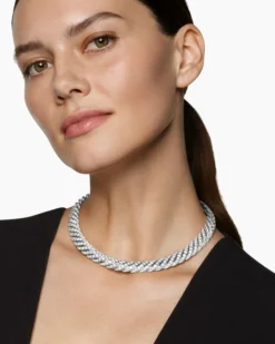 Sculpted Cable Flex Necklace 18K White Gold with Diamonds, 11mm