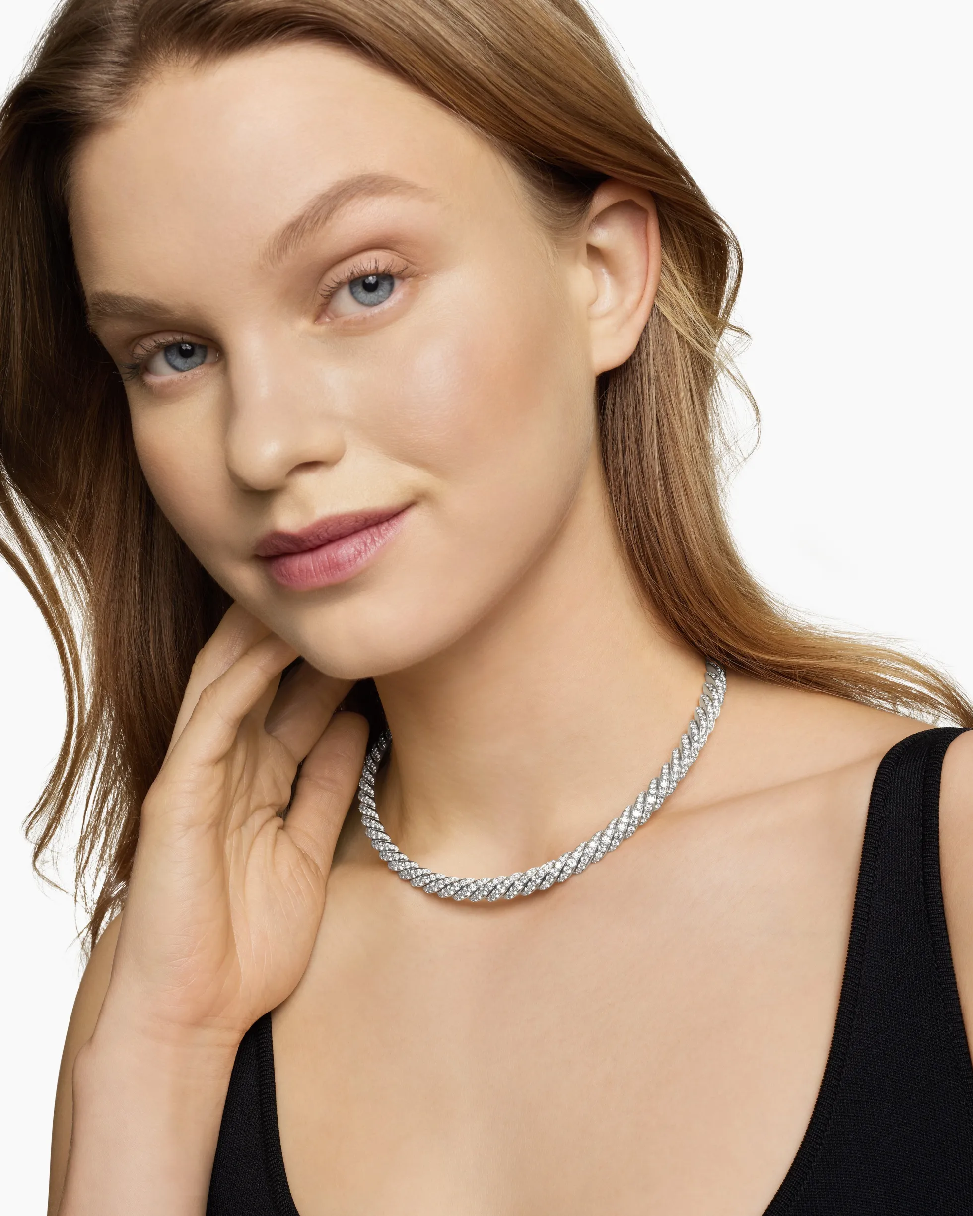 Sculpted Cable Flex Necklace 18K White Gold with Diamonds, 7.5mm