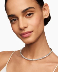 Sculpted Cable Flex Necklace 18K White Gold with Diamonds, 5mm