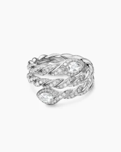 Sculpted Cable Flex Three Row Coil Ring 18K White Gold with Diamonds, 16mm