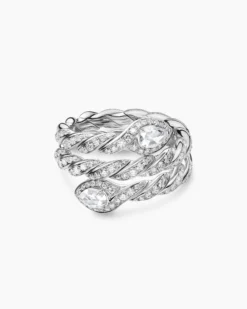 Sculpted Cable Flex Three Row Coil Ring 18K White Gold with Diamonds, 16mm
