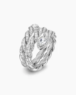 Sculpted Cable Flex Three Row Coil Ring 18K White Gold with Diamonds, 16mm