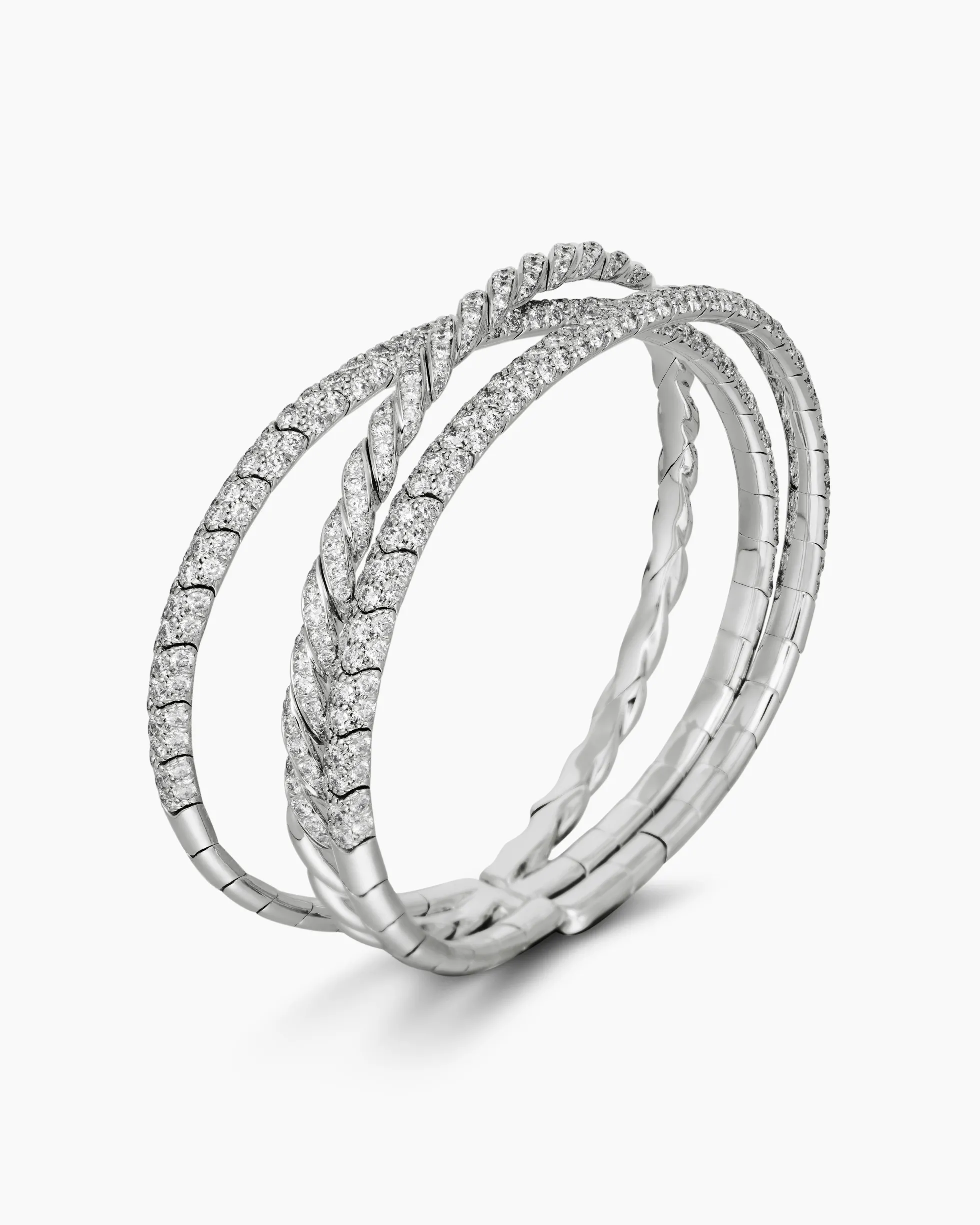 Sculpted Cable Flex Three Row Bracelet 18K White Gold with Diamonds, 21mm