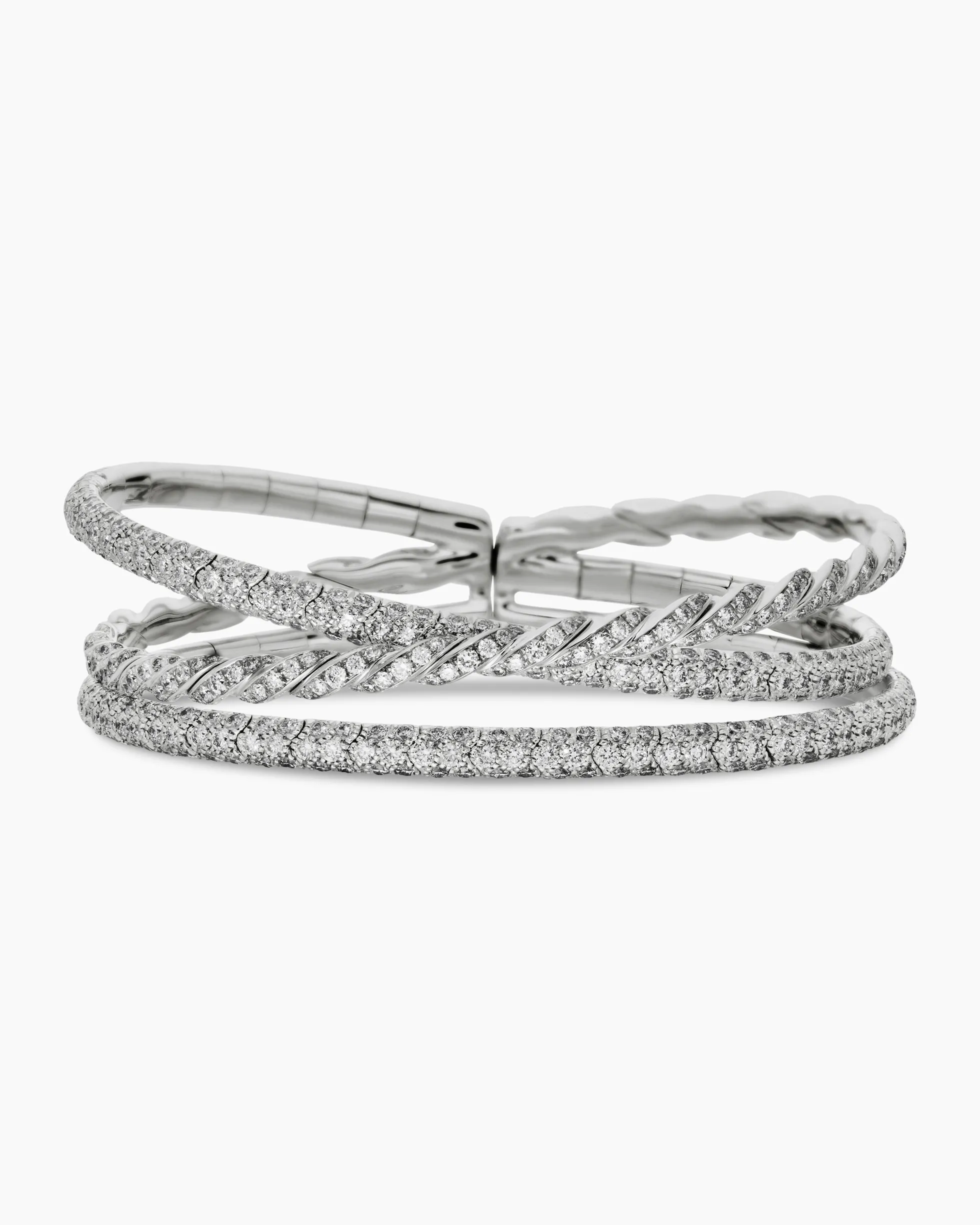 Sculpted Cable Flex Three Row Bracelet 18K White Gold with Diamonds, 21mm