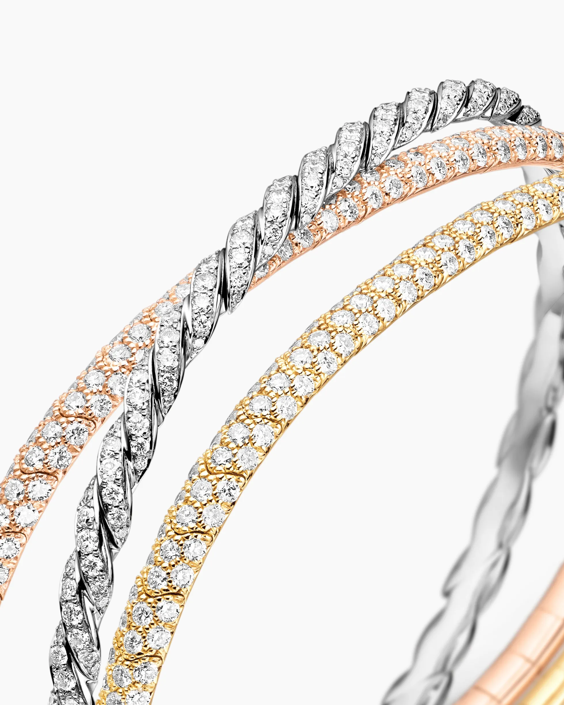 Sculpted Cable Flex Three Row Bracelet 18K Gold with Diamonds, 21mm