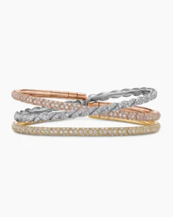 Sculpted Cable Flex Three Row Bracelet 18K Gold with Diamonds, 21mm