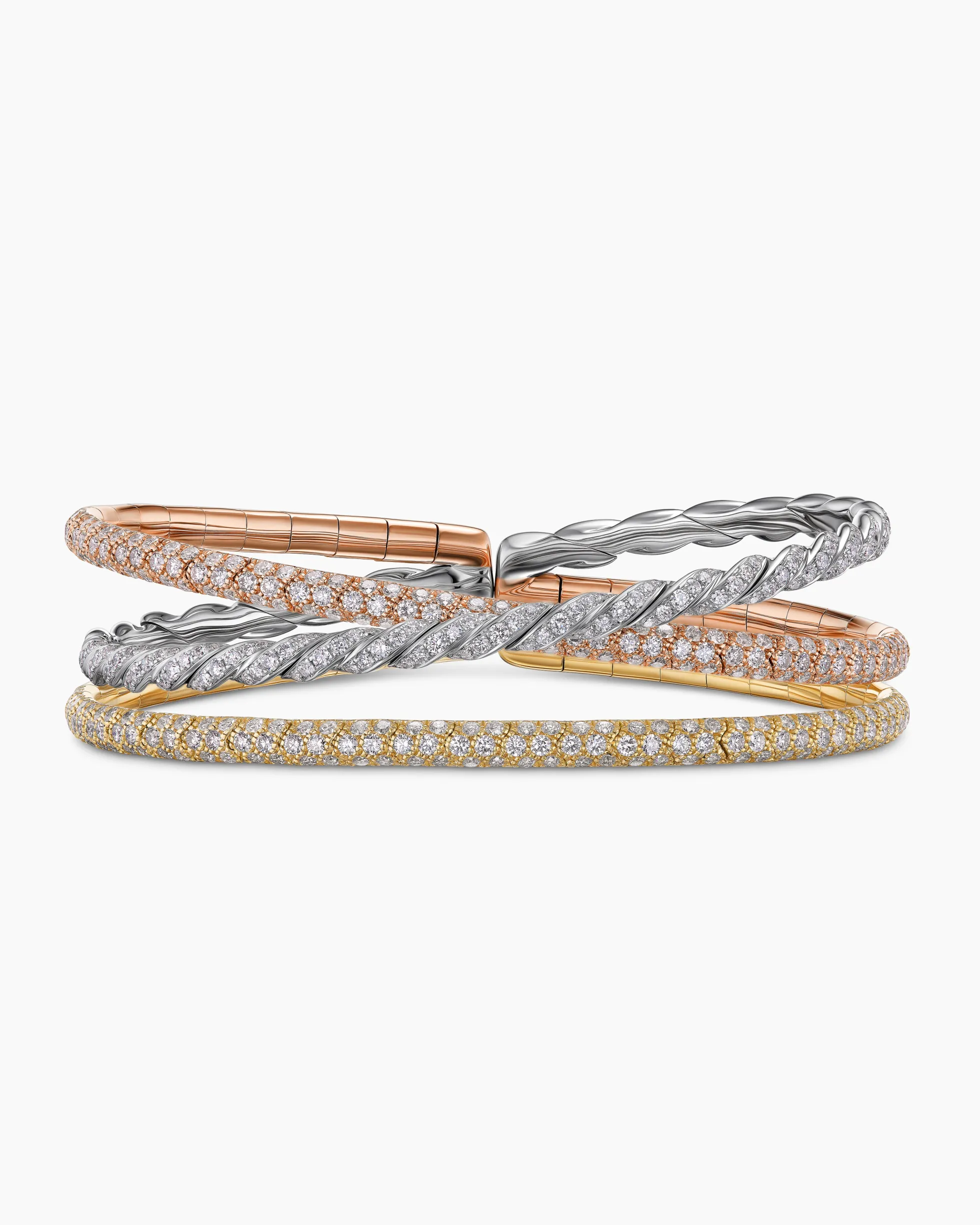 Sculpted Cable Flex Three Row Bracelet 18K Gold with Diamonds, 21mm