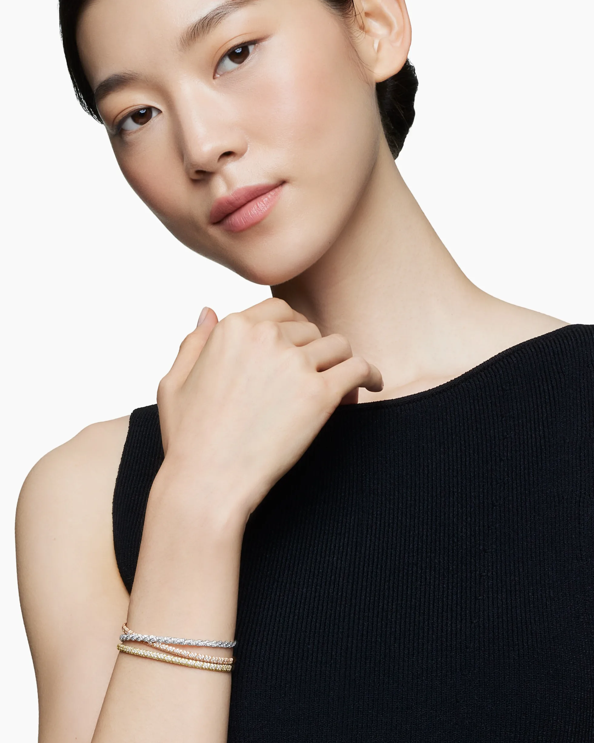 Sculpted Cable Flex Three Row Bracelet 18K Gold with Diamonds, 21mm