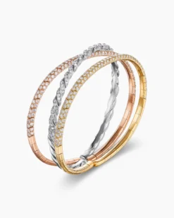 Sculpted Cable Flex Three Row Bracelet 18K Gold with Diamonds, 21mm