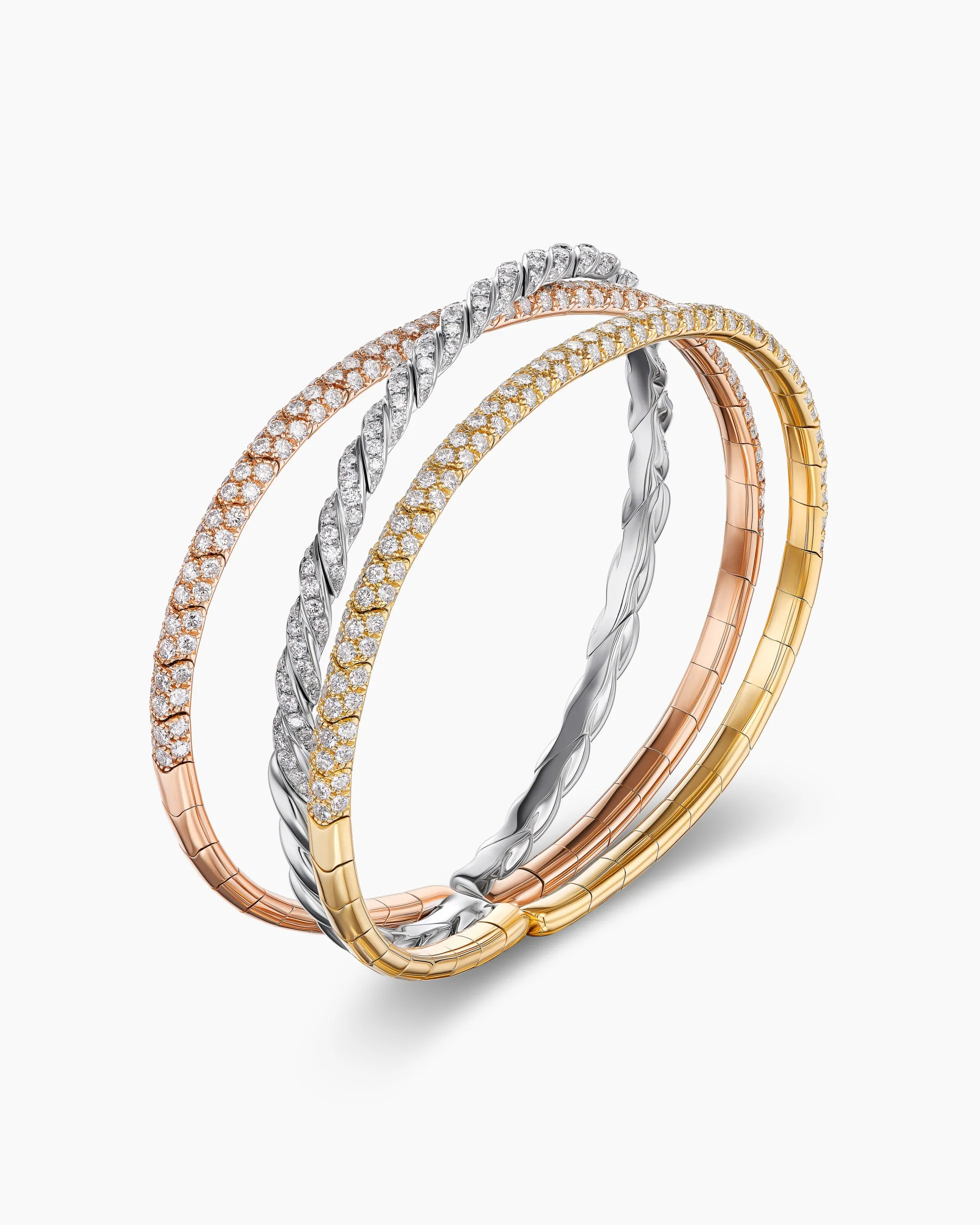 Sculpted Cable Flex Three Row Bracelet 18K Gold with Diamonds, 21mm