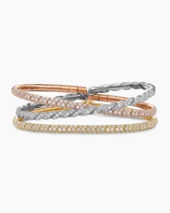 Sculpted Cable Flex Three Row Bracelet 18K Gold with Diamonds, 21mm