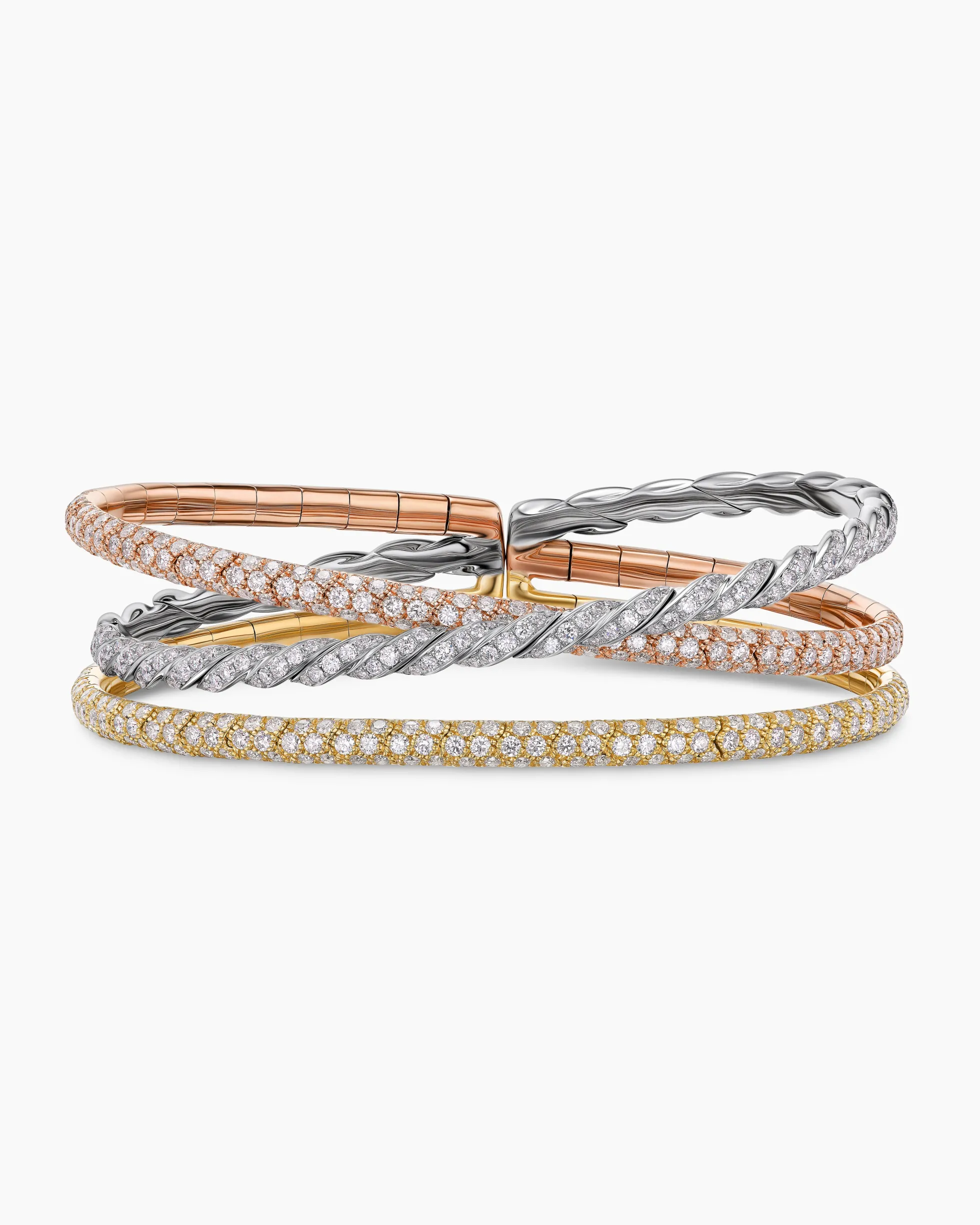 Sculpted Cable Flex Three Row Bracelet 18K Gold with Diamonds, 21mm