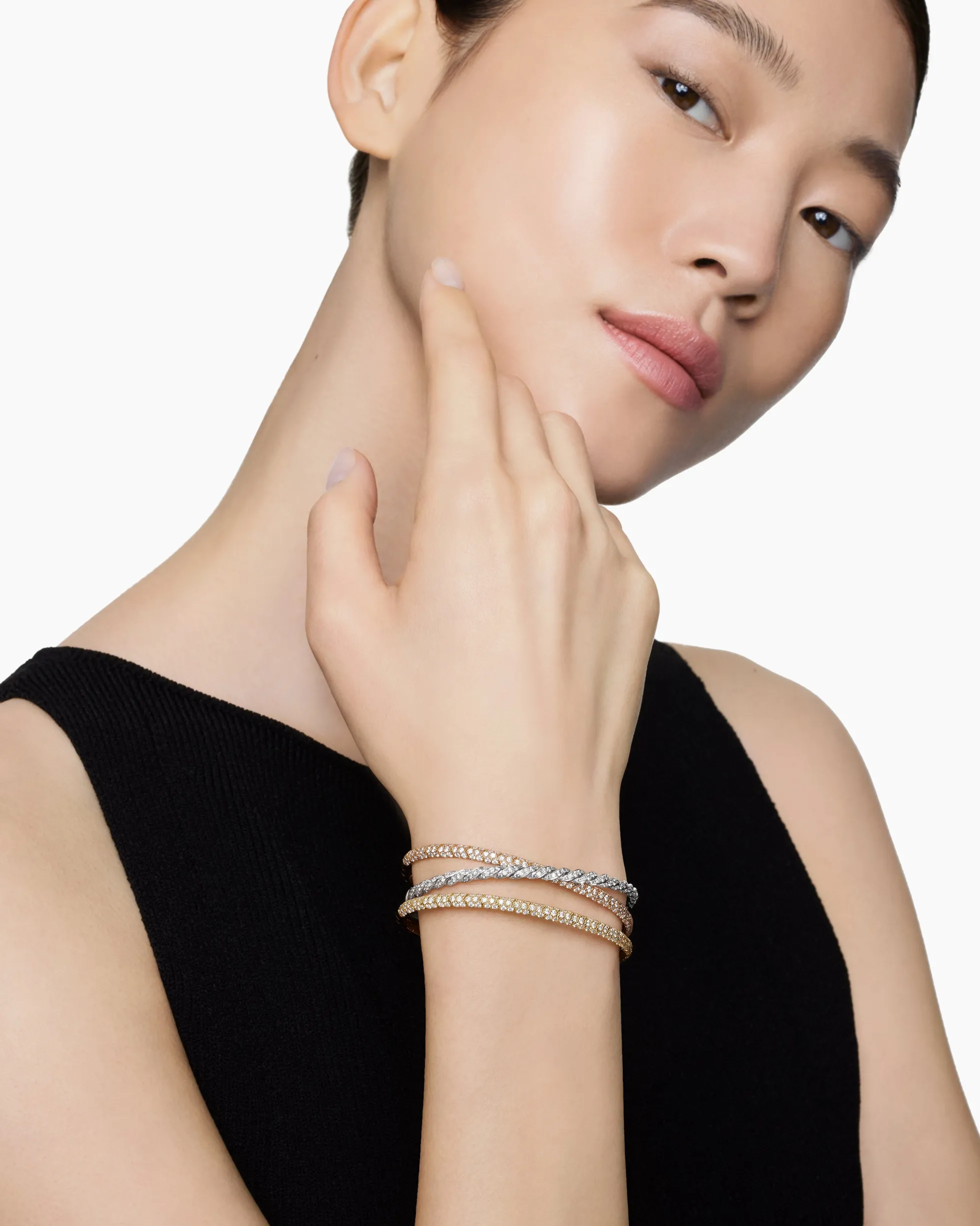 Sculpted Cable Flex Three Row Bracelet 18K Gold with Diamonds, 21mm