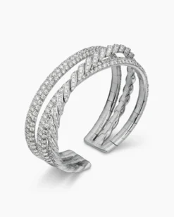 Sculpted Cable Flex Three Row Bracelet 18K White Gold with Diamonds, 18.5mm