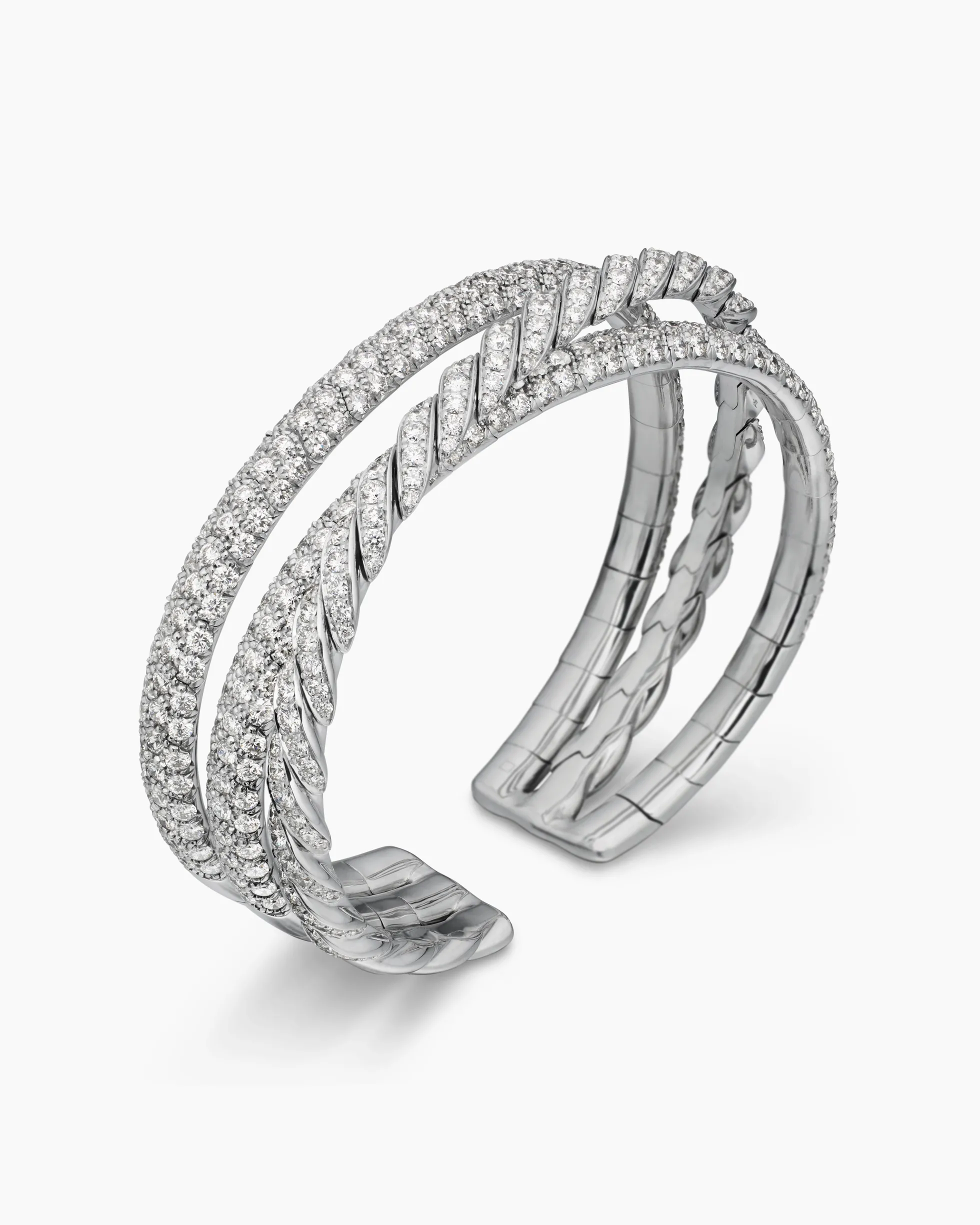 Sculpted Cable Flex Three Row Bracelet 18K White Gold with Diamonds, 18.5mm