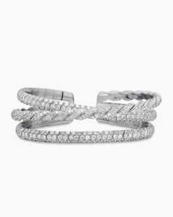 Sculpted Cable Flex Three Row Bracelet 18K White Gold with Diamonds, 18.5mm