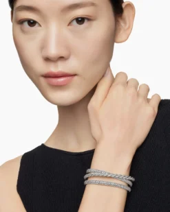 Sculpted Cable Flex Three Row Bracelet 18K White Gold with Diamonds, 18.5mm