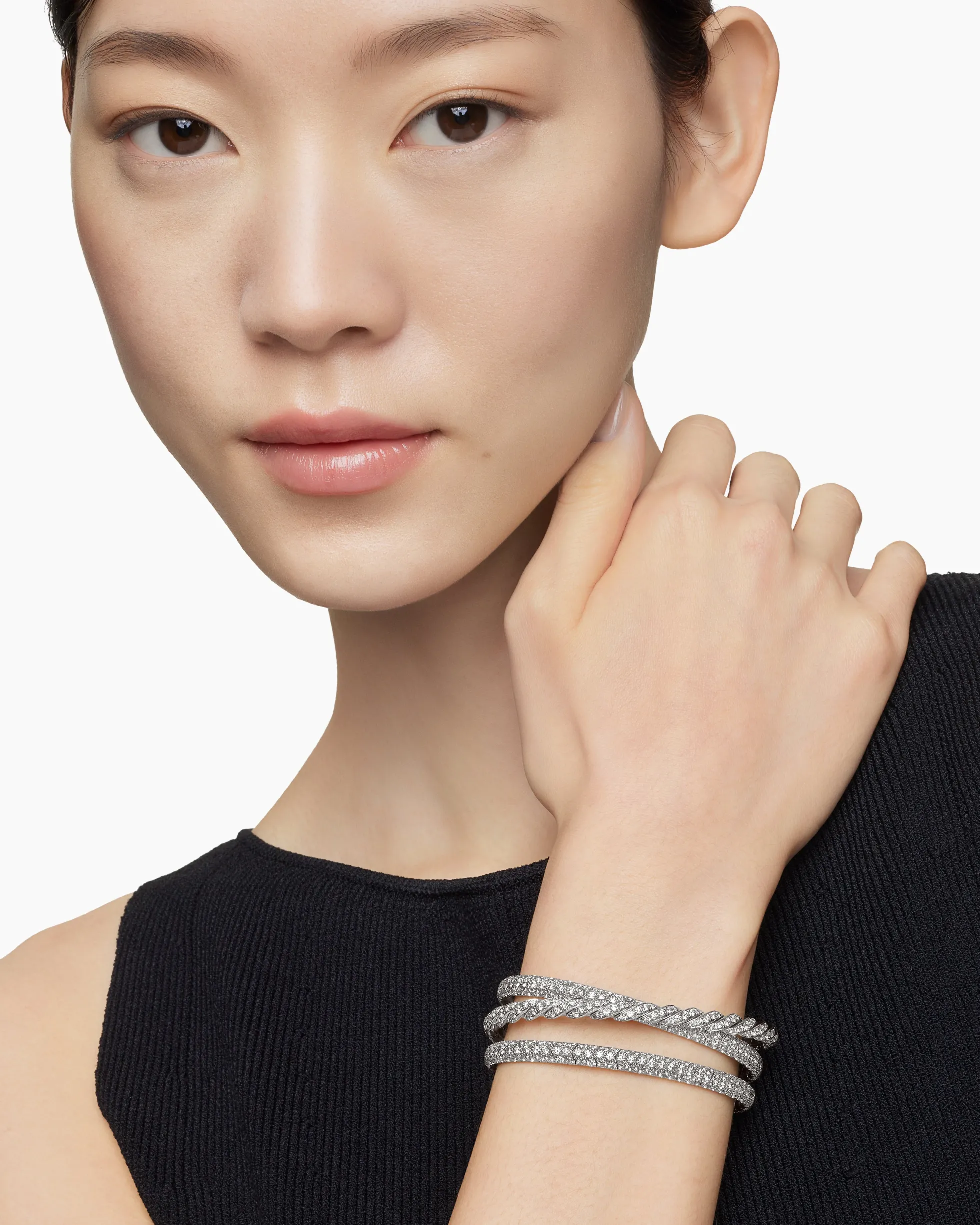 Sculpted Cable Flex Three Row Bracelet 18K White Gold with Diamonds, 18.5mm