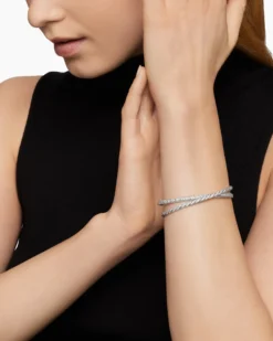 Sculpted Cable Flex Two Row Bracelet 18K White Gold with Diamonds, 16mm