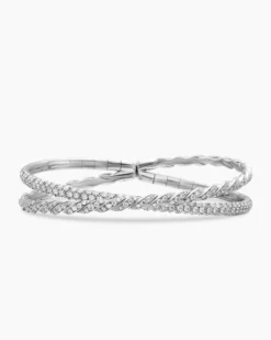 Sculpted Cable Flex Two Row Bracelet 18K White Gold with Diamonds, 16mm