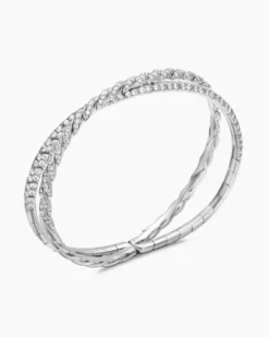 Sculpted Cable Flex Two Row Bracelet 18K White Gold with Diamonds, 16mm
