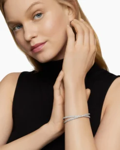 Sculpted Cable Flex Two Row Bracelet 18K White Gold with Diamonds, 16mm