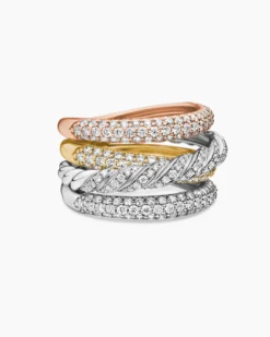 Sculpted Cable Four Row Ring 18K Gold with Diamonds, 15mm