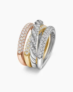Sculpted Cable Four Row Ring 18K Gold with Diamonds, 15mm