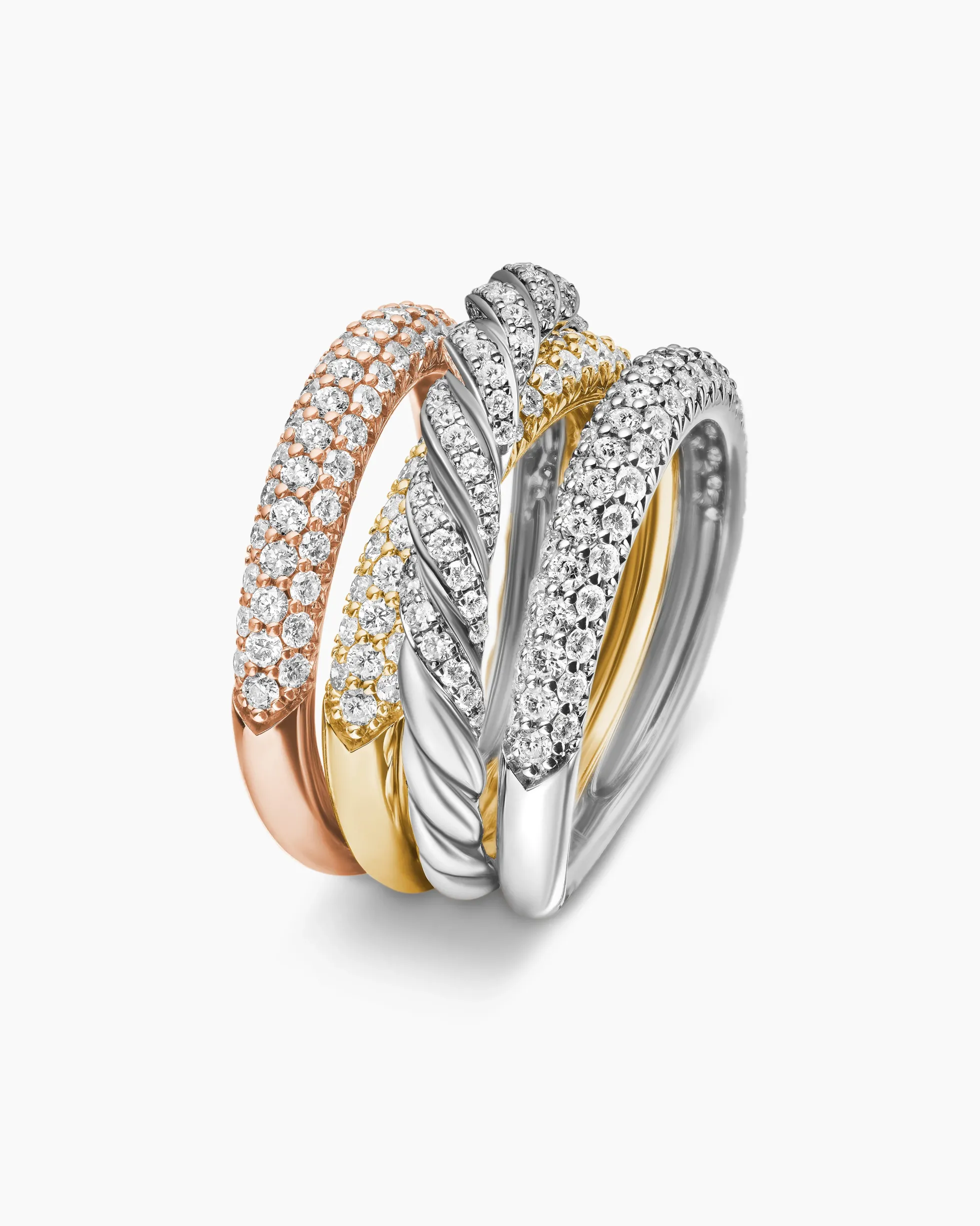 Sculpted Cable Four Row Ring 18K Gold with Diamonds, 15mm