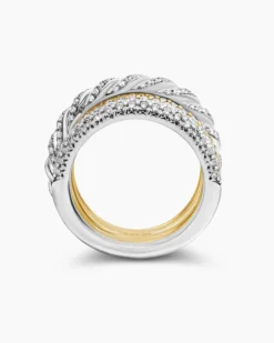 Sculpted Cable Four Row Ring 18K Gold with Diamonds, 15mm