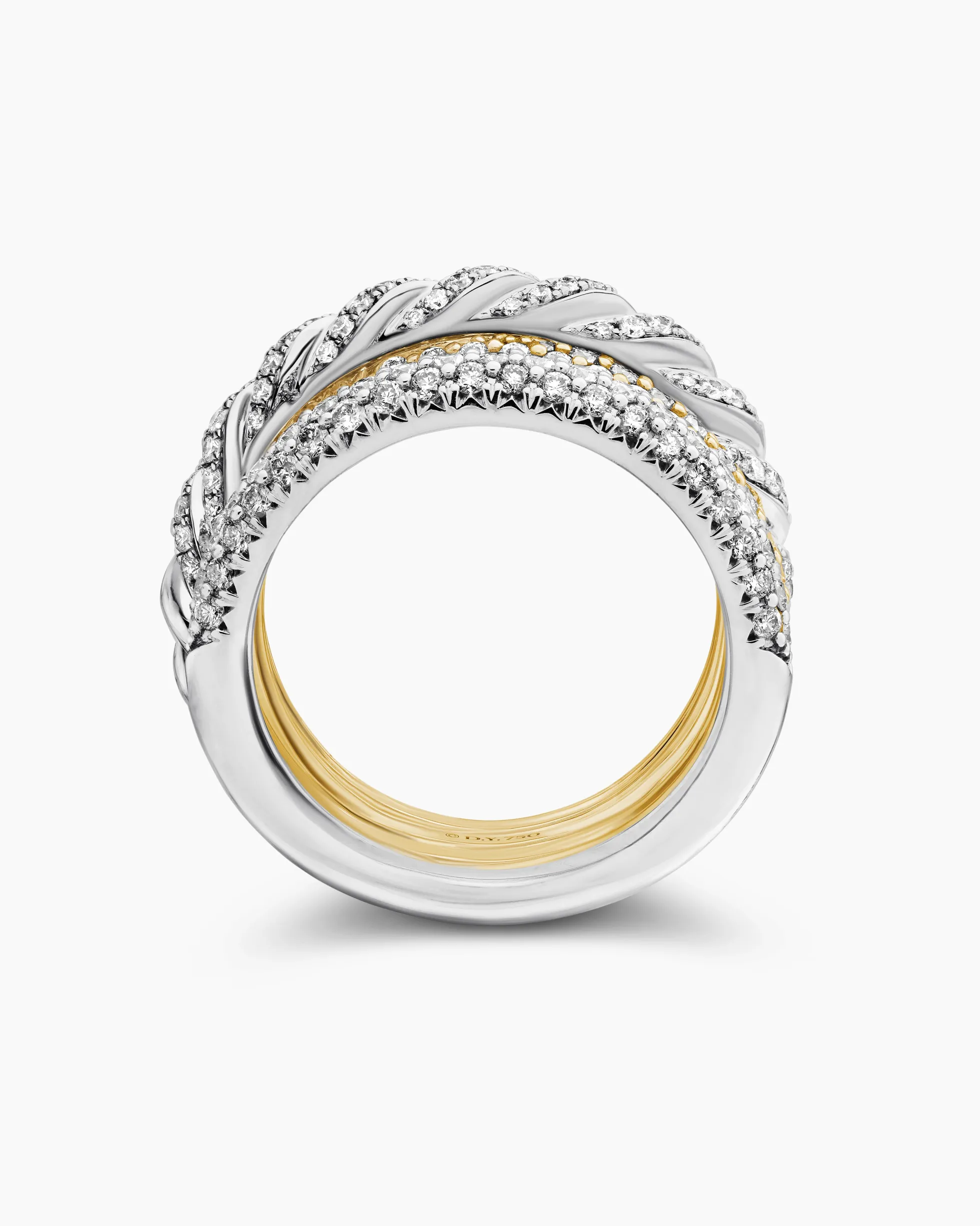 Sculpted Cable Four Row Ring 18K Gold with Diamonds, 15mm
