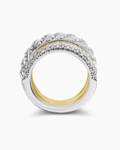 Sculpted Cable Four Row Ring 18K Gold with Diamonds, 15mm