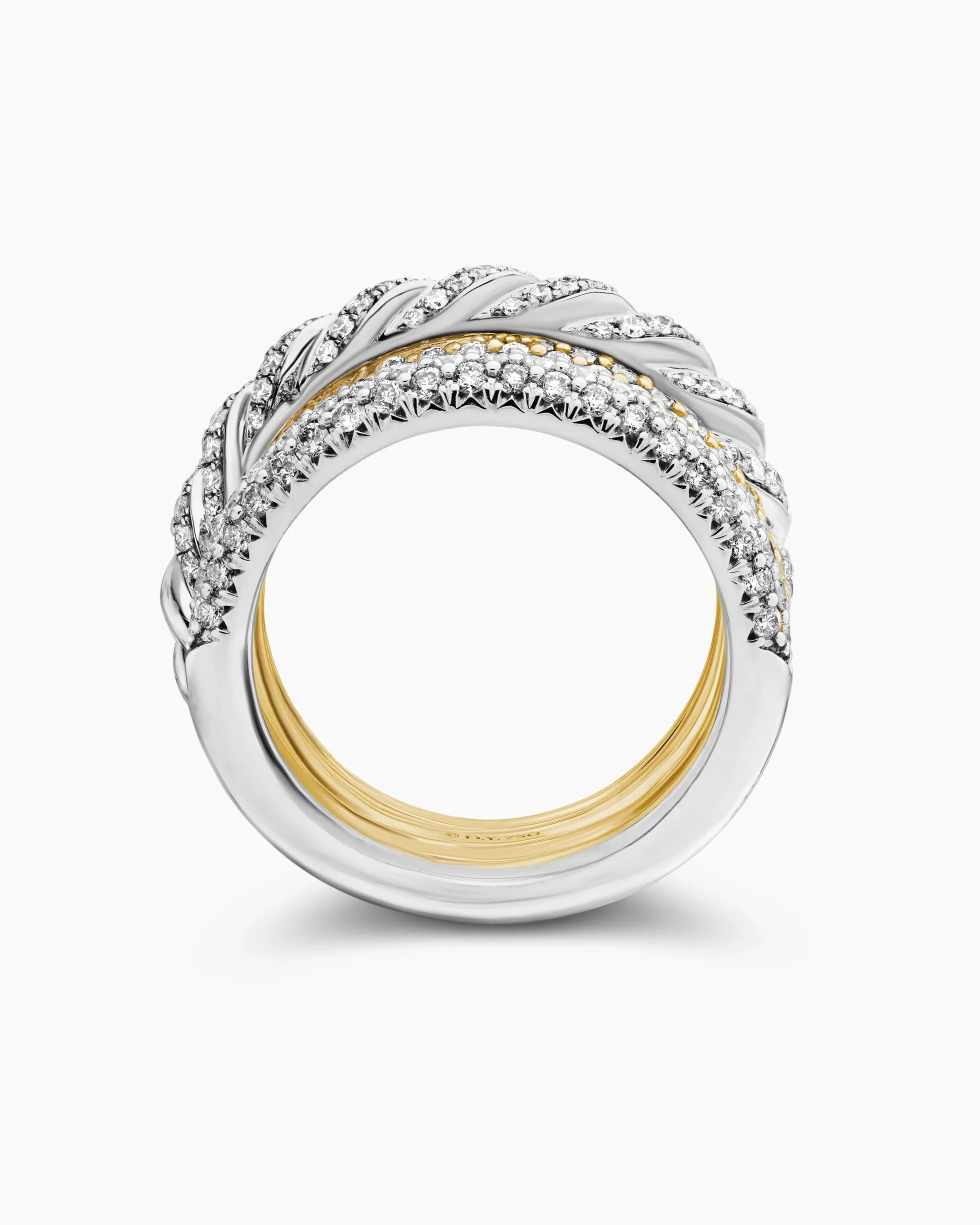 Sculpted Cable Four Row Ring 18K Gold with Diamonds, 15mm