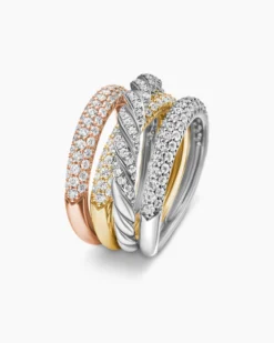Sculpted Cable Four Row Ring 18K Gold with Diamonds, 15mm