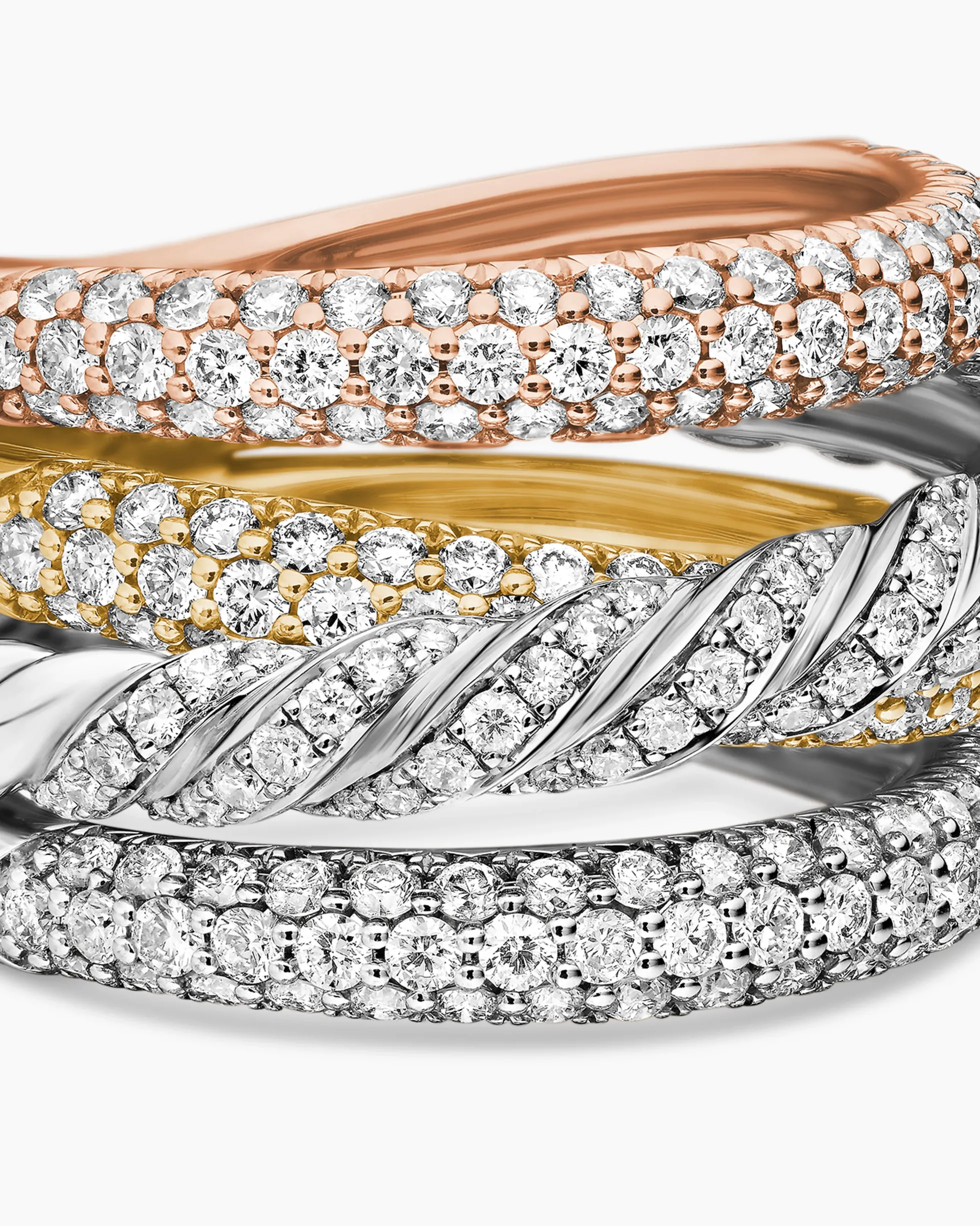 Sculpted Cable Four Row Ring 18K Gold with Diamonds, 15mm