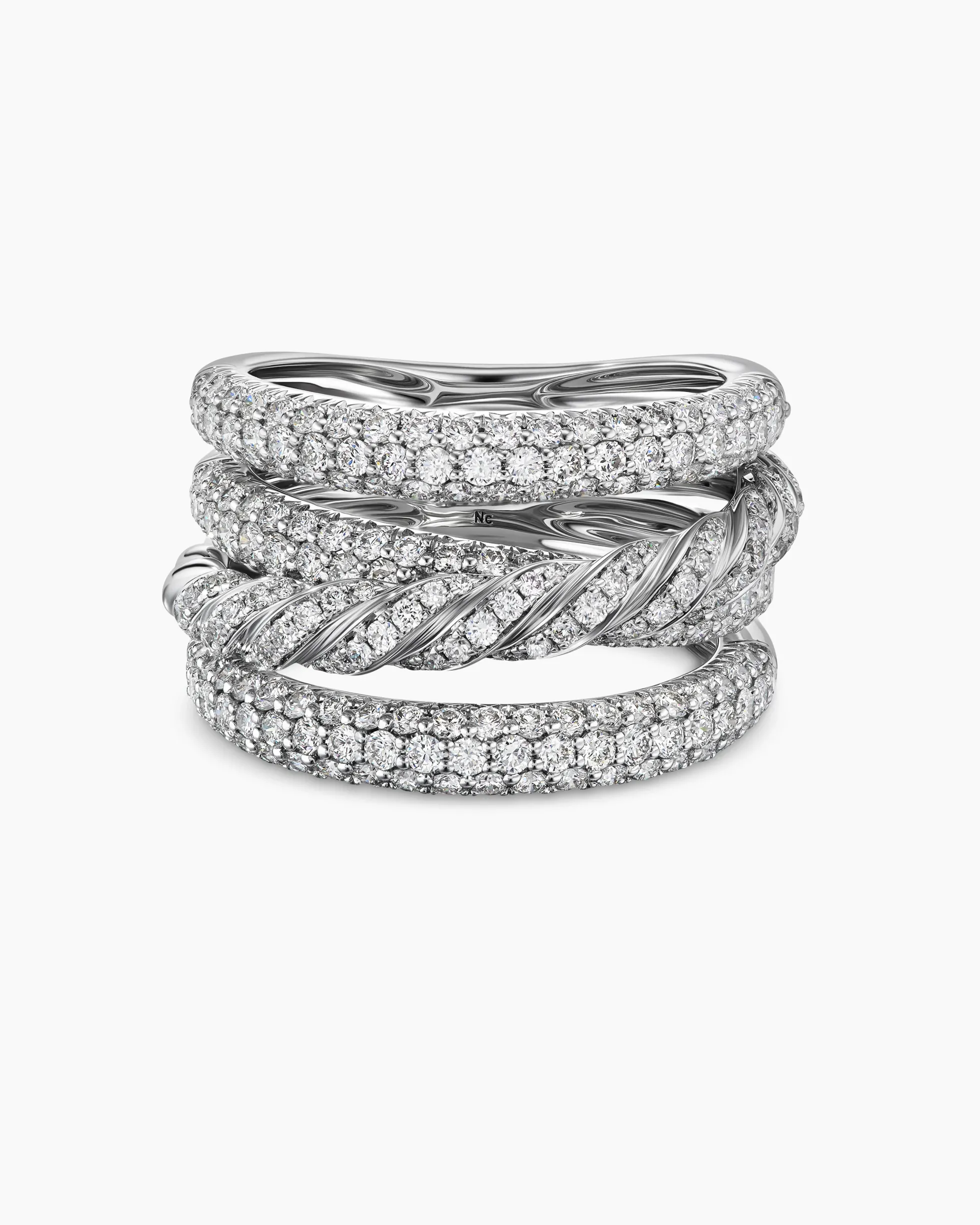 Sculpted Cable Four Row Ring 18K White Gold with Diamonds, 15mm