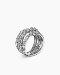 Sculpted Cable Four Row Ring 18K White Gold with Diamonds, 15mm