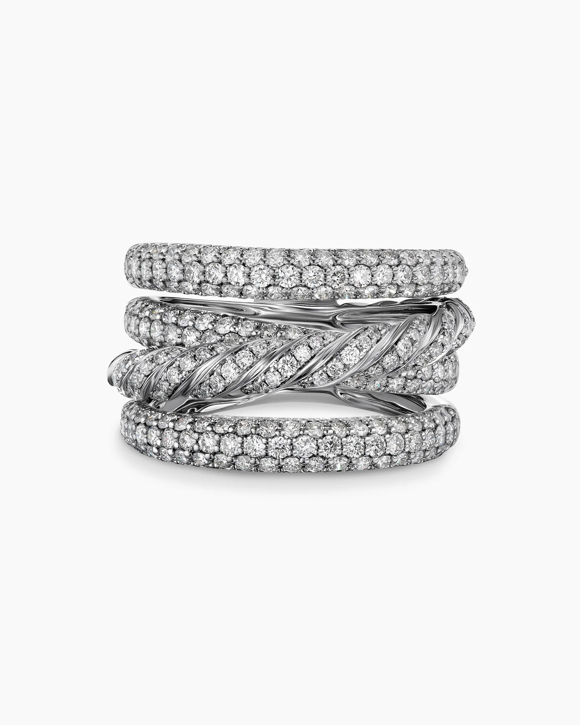 Sculpted Cable Four Row Ring 18K White Gold with Diamonds, 15mm