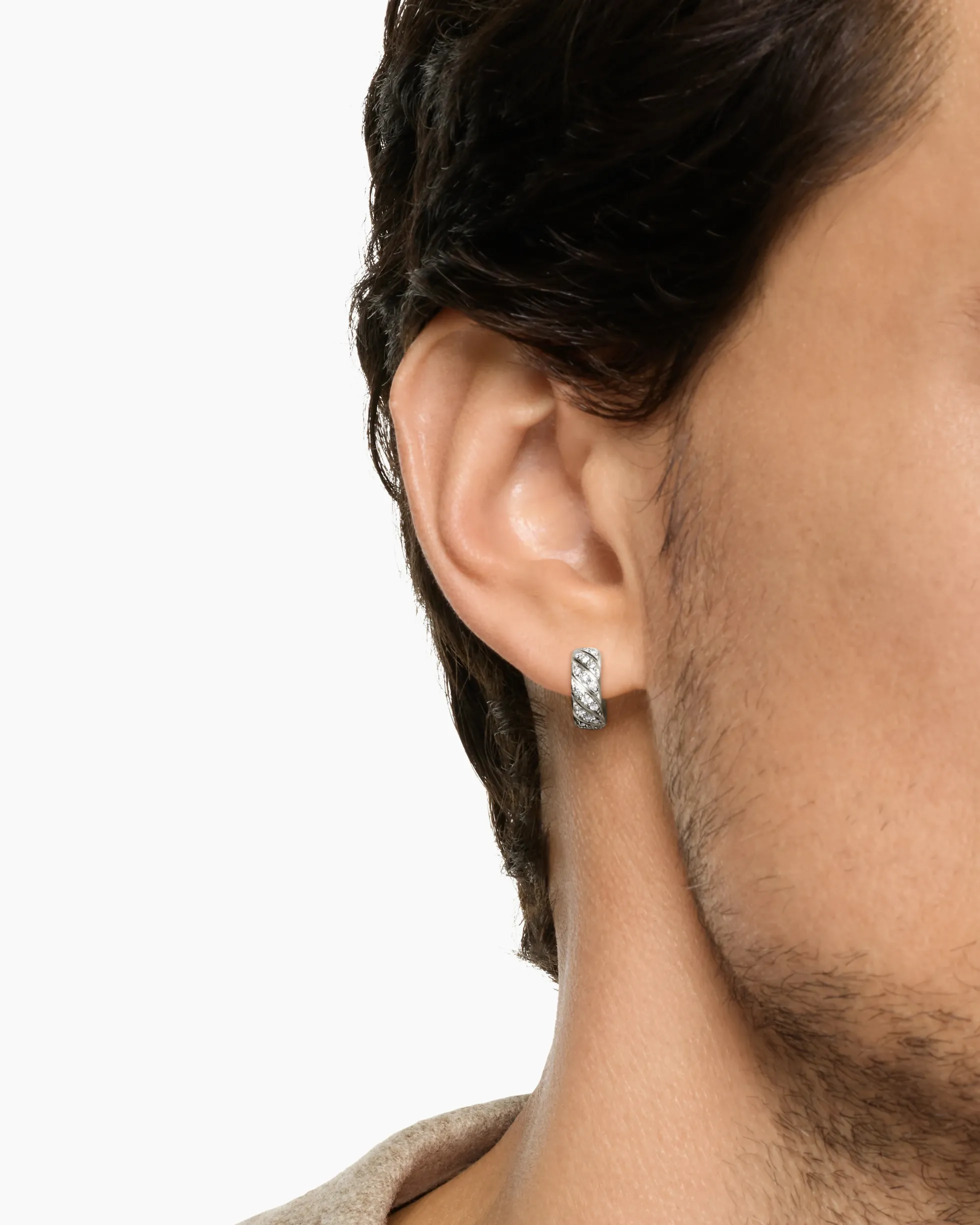 Sculpted Cable Hoop Earring 18K White Gold with Diamonds, 12.8mm