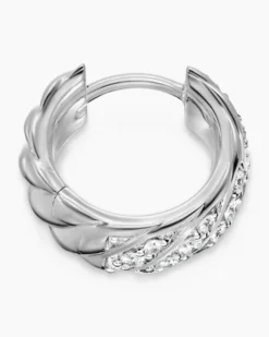 Sculpted Cable Hoop Earring 18K White Gold with Diamonds, 12.8mm