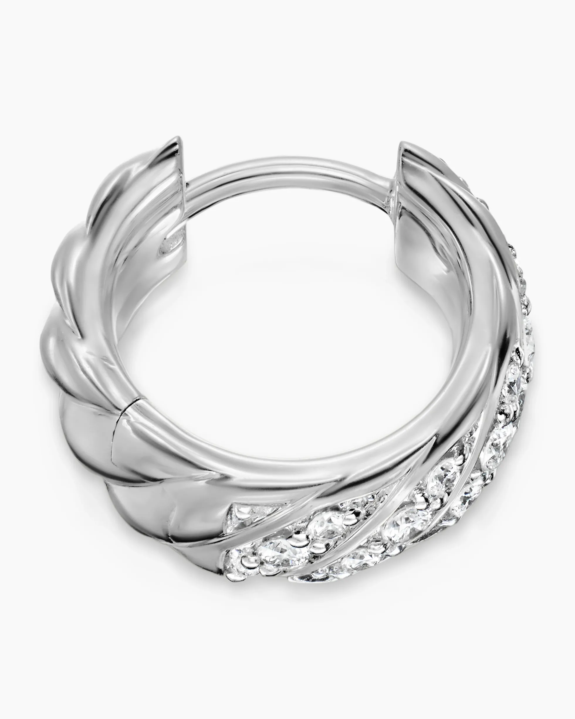 Sculpted Cable Hoop Earring 18K White Gold with Diamonds, 12.8mm