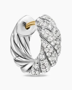 Sculpted Cable Hoop Earrings Sterling Silver with Diamonds, 14.4mm