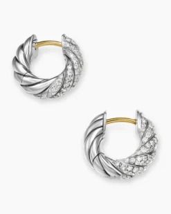 Sculpted Cable Hoop Earrings Sterling Silver with Diamonds, 14.4mm