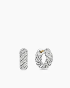 Sculpted Cable Hoop Earrings Sterling Silver with Diamonds, 14.4mm