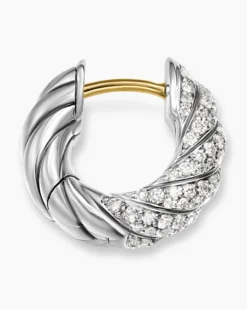 Sculpted Cable Hoop Earrings Sterling Silver with Diamonds, 14.4mm