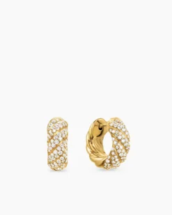 Sculpted Cable Hoop Earrings 18K Yellow Gold with Diamonds, 14.4mm
