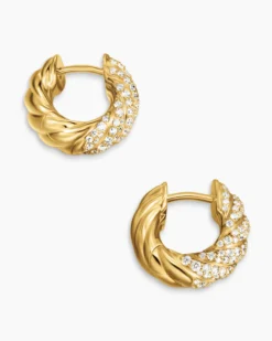 Sculpted Cable Hoop Earrings 18K Yellow Gold with Diamonds, 14.4mm