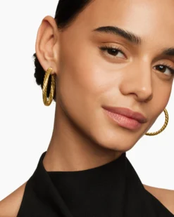 Sculpted Cable Hoop Earrings 18K Yellow Gold, 1.75in