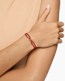 Sculpted Cable Linked Cord Bracelet Red Nylon with 18K Yellow Gold, 8.7mm