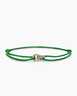 Sculpted Cable Linked Cord Bracelet Green Nylon with Sterling Silver and 14K Yellow Gold, 8.7mm